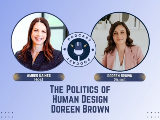 a woman with brown hair and a blue background